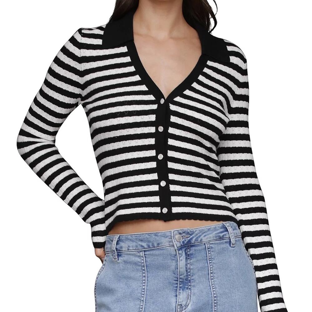 Avec Les Filles Striped Knit Polo Cardigan Scalloped Trim Size S